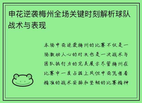 申花逆袭梅州全场关键时刻解析球队战术与表现
