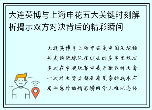 大连英博与上海申花五大关键时刻解析揭示双方对决背后的精彩瞬间