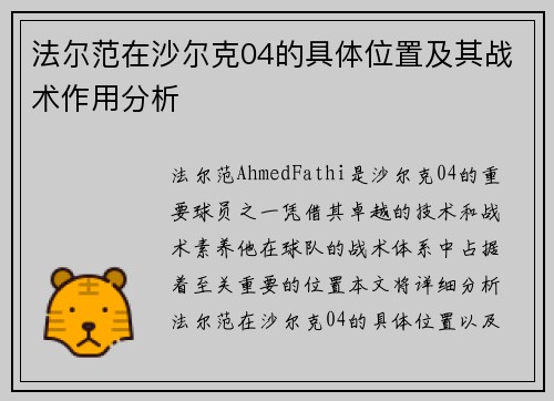 法尔范在沙尔克04的具体位置及其战术作用分析