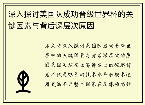深入探讨美国队成功晋级世界杯的关键因素与背后深层次原因